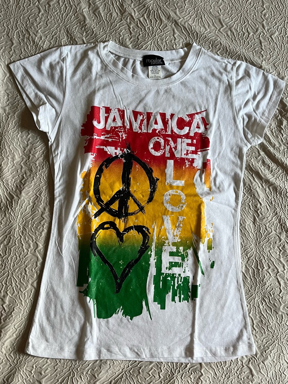 Popular Basics White Tee with Red, Yellow & Green Jamaica Graphic